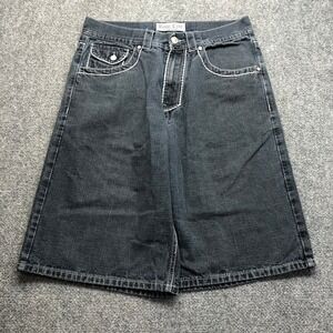 Y2K Mens Baggy Denim Shorts Size 34 Black Wash Embroidered Y2K Skater